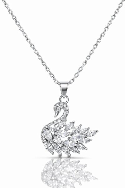 Takı Dükkanı Stainless Steel Zircon Shuttle Stone Swan Necklace Women's Pink ...