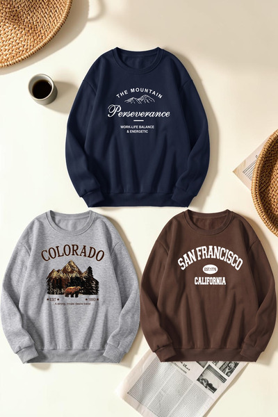 uyguntarz Unisex Mixed Printed Crew Neck Sweatshirt Set – Pack of 3