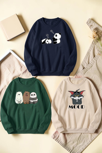 uyguntarz Unisex Mixed Printed Crew Neck Sweatshirt Set – Pack of 3