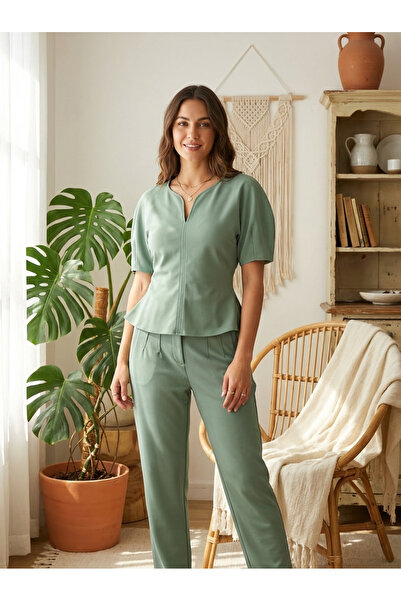 Finelook Women's Elegant Two-Piece Pant Set – Short Sleeve Peplum Top & Tailo...