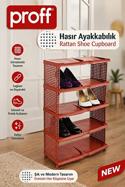 HAZARPAZAR 5 Katlı Rattan Görünümlü Ayakkabılık Ayakkabı Rafı Organizer