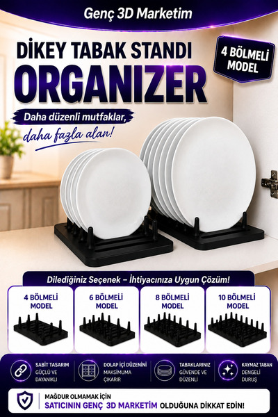 Genç 3D Dikey Tabak Standı Organizer - 4 Bölmeli Tabaklık - Mutfak Dolap İçi ...