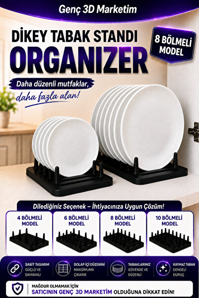 Genç 3D Dikey Tabak Standı Organizer -8 Bölmeli Tabaklık - Mutfak Dolap İçi v...