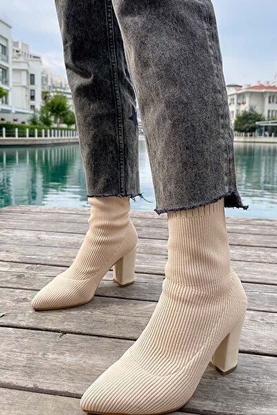 İmerShoes Günlük Kadın Streç Triko Kalın Yüksek Topuklu Bot Bootie Çorap Şeritli Sivri Burun Ayakkabı 167