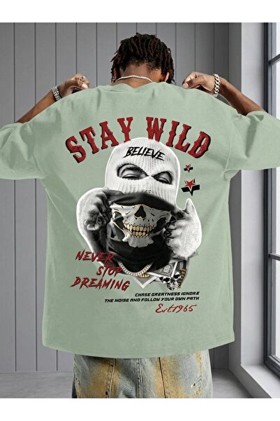 ZAVIXO Ανδρικό μπλουζάκι Stay Wild με στάμπα Oversize, 100% βαμβακερό, κοντομ...