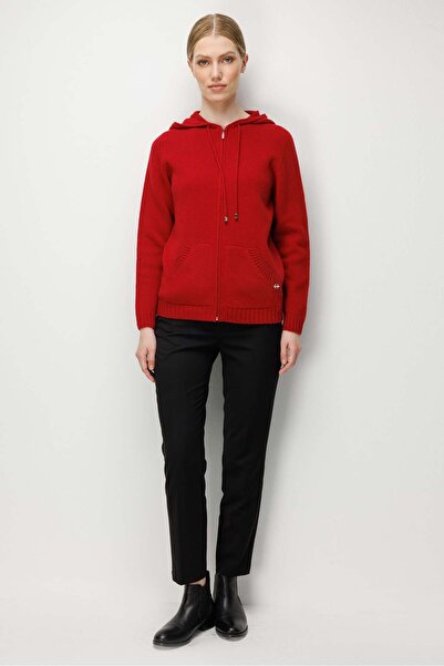 Desen Triko Women's Hooded Basic Zippered Wool Cardigan Red