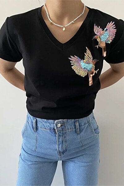Lavanta Tekstil Kuş Işlemeli Yeni Sezon %100 Pamuk T-shirt