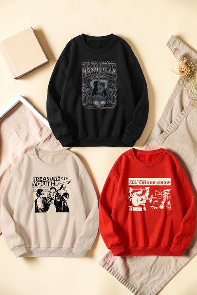 uyguntarz Unisex Mixed Printed Crew Neck Sweatshirt Set – Pack of 3
