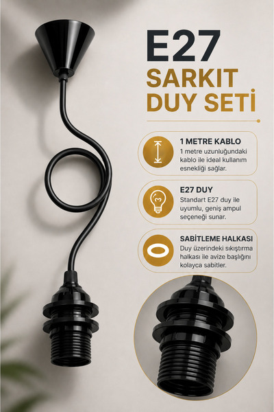 JUTUAL DEKOR E27 Rozanslı Kablolu Sarkıt Avize Duyu 1 Metre Siyah Askı Takımı...