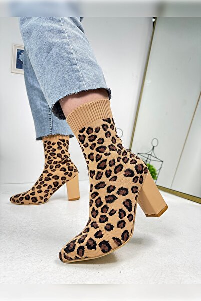 İmerShoes Günlük Kadın Streç Triko Kalın Yüksek Topuklu Bot Bootie Çorap Şeritli Sivri Burun Ayakkabı 167