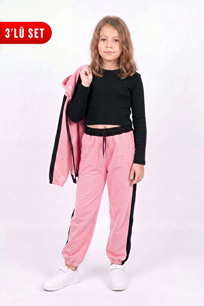 FYK KİDS Girl's Ribbed Crop and Stripe Detailed Tracksuit Set