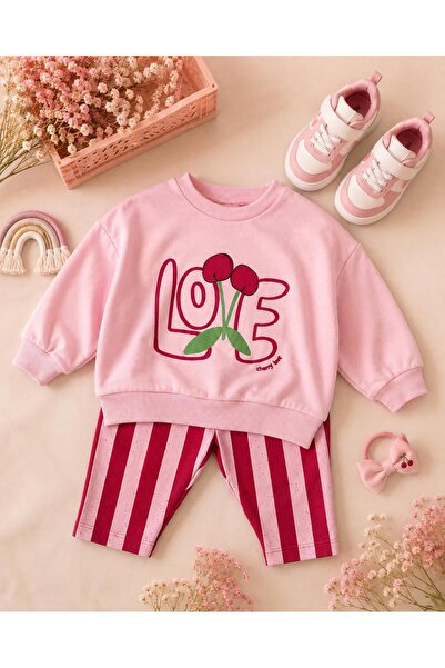 Kız Bebek Alt Üst Takım Çizgili Kabartma Love Baskılı