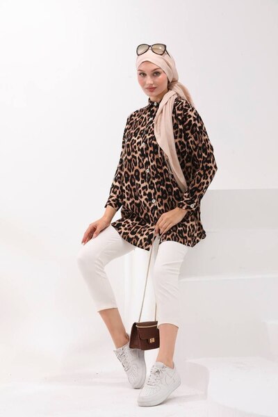 Polologin Butik Brown Leopard Pattern Viscose Tunic Shirt