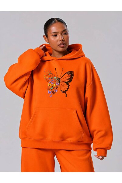 BENROMA 3 Yarn Combed Cotton Plus Size Flying Butterflies Printed Unisex Swea...