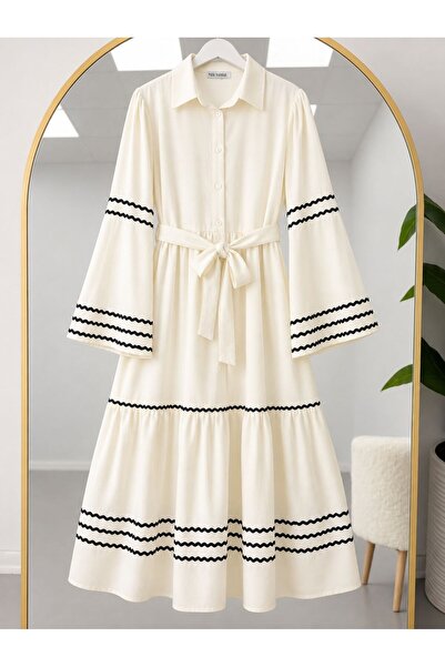 modasindoma Women's Shirt Collar Embroidered Linen Dress Cream