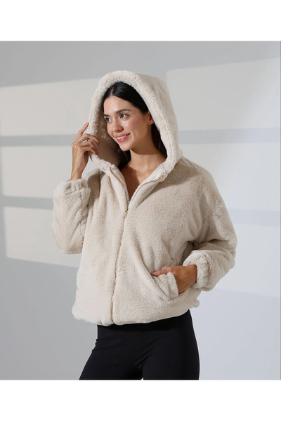 bysoca Women's Beige Hooded Zipper Closure Plush Lined Oversize Bomber Coat W...