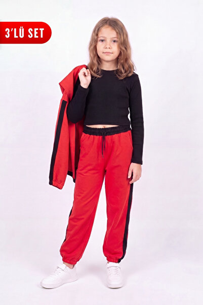 FYK KİDS Girl's Ribbed Crop and Stripe Detailed Tracksuit Set