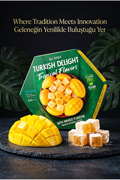 Tropical Flavors Mango Aromalı Lokum 240 gr - Lüks Yeşil Altıgen Kutu, Kahve Yanı İkramlık