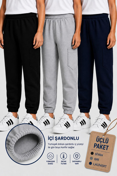 twins tailors 3-Pack Gray-Navy Blue-Black Children's Sweatpants with Inner Ta...