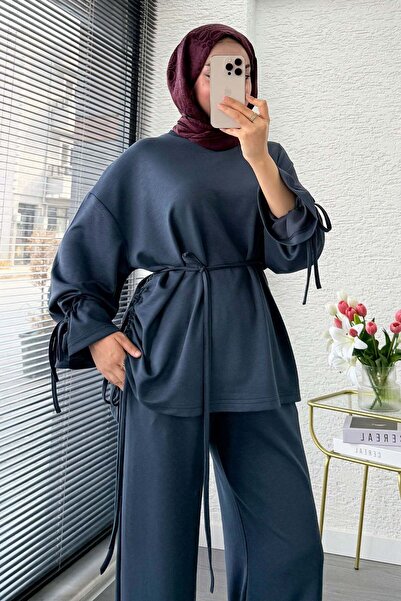 MELEK ARAZ Premium Shirred Detailed Double Face Trousers Set - Anthracite