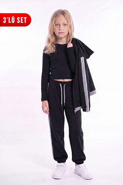 FYK KİDS Girl's Ribbed Crop and Stripe Detailed Tracksuit Set