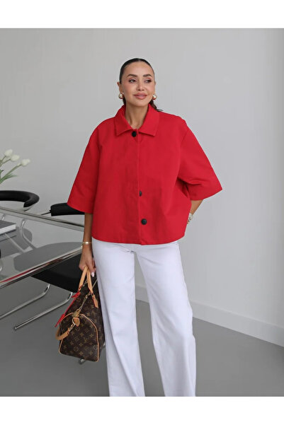 FEMMESTUDIO Women's Red Hidden Button Half Sleeve Jacket