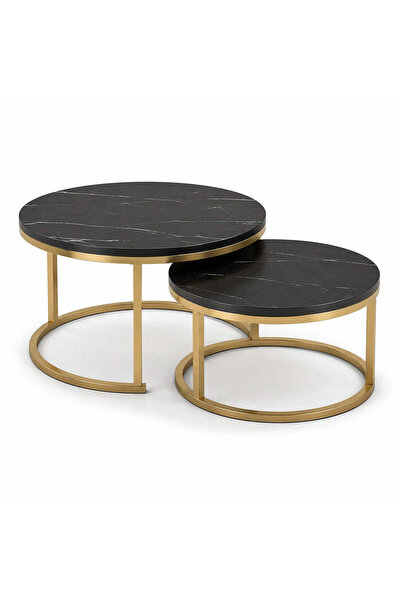 Promagg Set de 2 măsuțe de cafea rotunde, cu efect de marmură, blat din MDF, cadru metalic auriu, 70x45 cm și 50x38 cm
