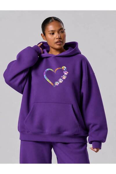 BENROMA 3 Yarn Combed Cotton Plus Size Paw Heart Printed Unisex Sweatshirt Df5