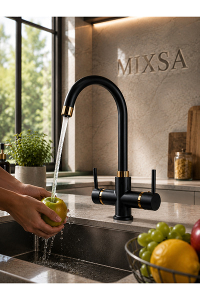MİXSA Lüx Siyah Arıtmalı Mutfak Bataryası Gold Detaylı Premium Pirinç Gövde A...