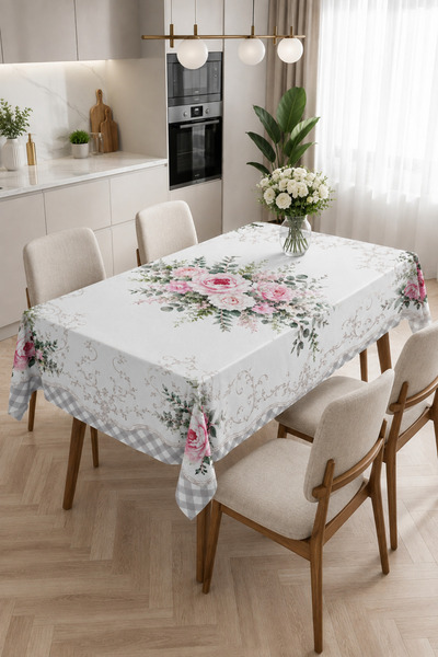 Bebişim Halı Pink Rose and Eucalyptus Patterned Plaid Border Tablecloth