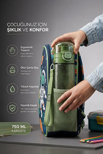 SAFİR Cam Plastik Düğmeli Ve Kapaklı 750 ML Okul Suluğu Termos