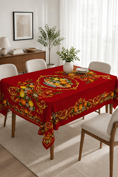 Bebişim Halı Red Gold Lemon and Citrus Patterned Baroque Tablecloth