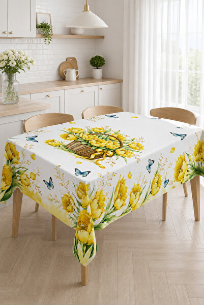 Bebişim Halı Yellow Tulip Basket and Butterfly Patterned Tablecloth