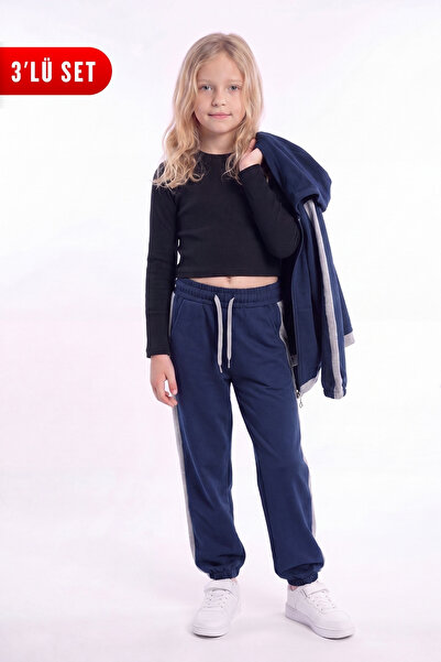 FYK KİDS Girl's Ribbed Crop and Stripe Detailed Tracksuit Set