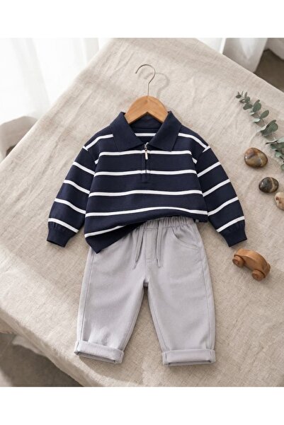 Valia Baby Classic Polo Collar Linen Pants Striped Knitwear Sweater Baby Boy Set