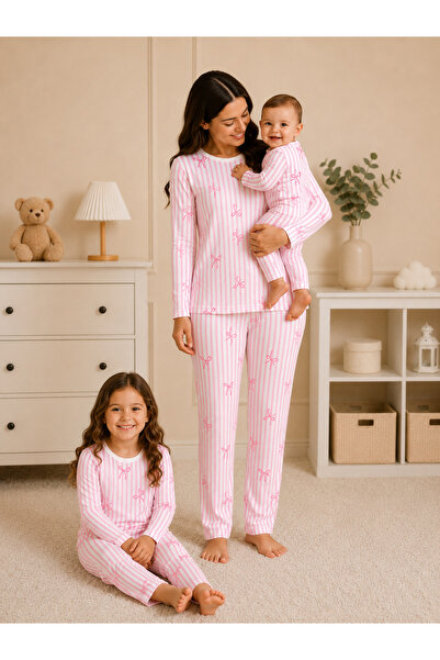 Drop Kids Mother-Child Combination Long Pajama Set with Striped Ribbon Pattern
