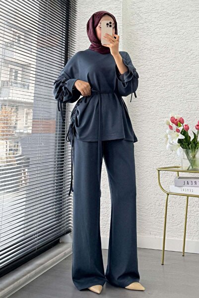 MELEK ARAZ Premium Büzgü Detaylı Double Face Pantolon Takım - Antrasit