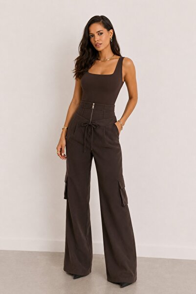 CARLA MARA Women's High-Waisted Wide-Leg Cargo Pants – Zipper and Lace Detailing