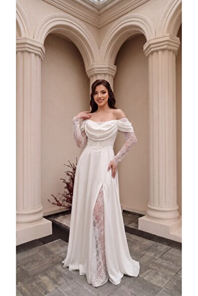 MİSS DİAMOND Off-The-Shoulder Draped Cowl Neck Lace Sleeve Ivory Evening Dress