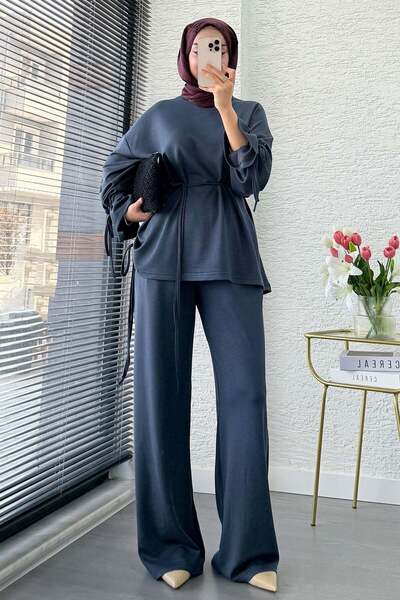 MELEK ARAZ Premium Shirred Detailed Double Face Trousers Set - Anthracite