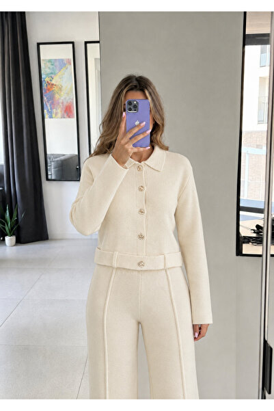 Ekim Store Knitwear Belted Buttoned Blouse Trouser Set