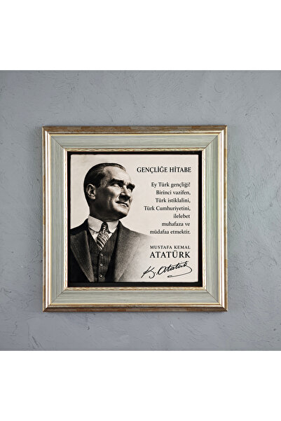 ermin Atatürk Gençliğe Hitabe Portresi Doğal Limra Taşı Gri Çerçeveli Tablo