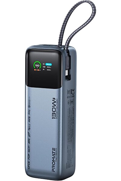 Promate 20000mAh 130W HyperCharge Power Bank Built-in Braided USB-C Cable, TF...