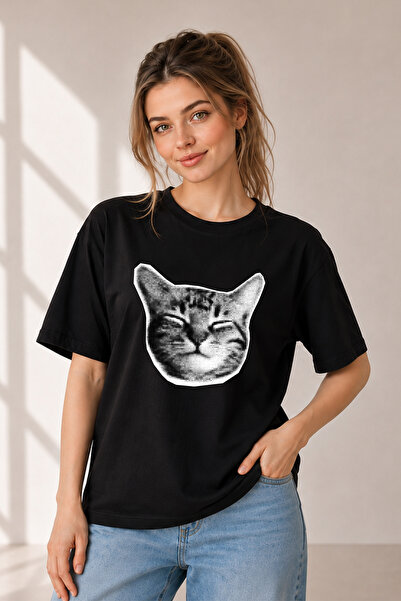 FANA Cat Printed Funny Unisex Oversize Cotton T-Shirt Y2K Vintage Graphic Cre...