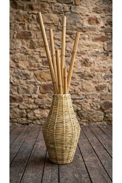 Bambu Bahcem El Yapımı Bohem Doğal Bambu Hasır Dekoratif Vazo - 60 cm | İç ve...