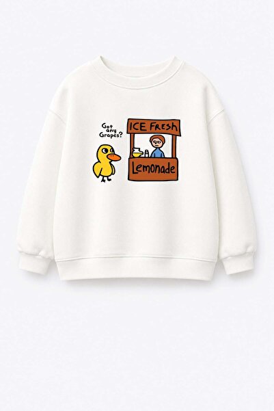 Monila Unisex Çocuk Ekru Ördek Baskılı 3 İplik Kumaş Pamuklu Sweatshirt