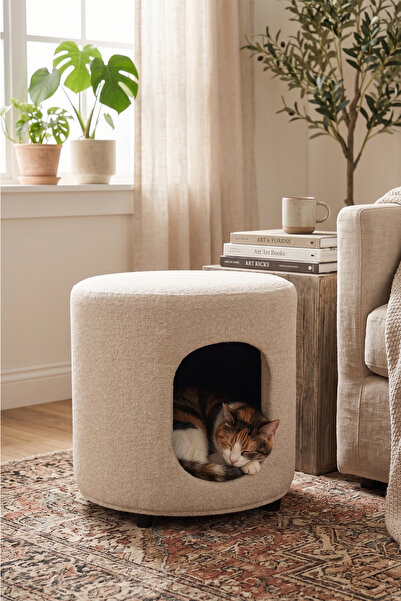 GOBYPET 2'si 1 Arada Dekoratif Puf, Şönil Kumaş Kedi-Köpek Evi 6230