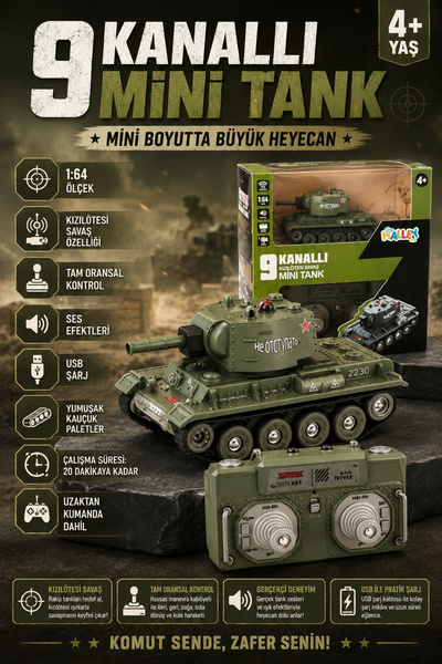 Penthouse 1:64 Uzaktan Kumandalı 9 Kanallı Mini Tank Kızılötesi Savaş Modlu S...