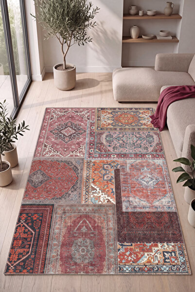 Cool Halı Patchwork Kırmızı Kiremit Vintage Eskitme Bohem Desenli Şönil İnce ...