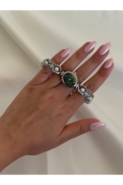 Lillianna Kadın Gümüş Oval Yeşil Kadranlı İnci Detaylı Bileklik Analog Quartz...